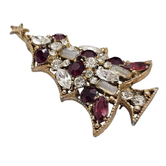 Regency Gold Tone Red Clear Rhinestone Christmas Tree Brooch Signed, J5 - Picture 7 of 11